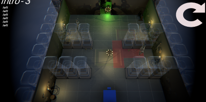 Screenshot waar je van bovenaf in een donkere kamer kijkt met rijen van transparante pilaren. De ninja staat rechts in het midden met zijn loop-opties aangegeven in rode tegels in T-vorm